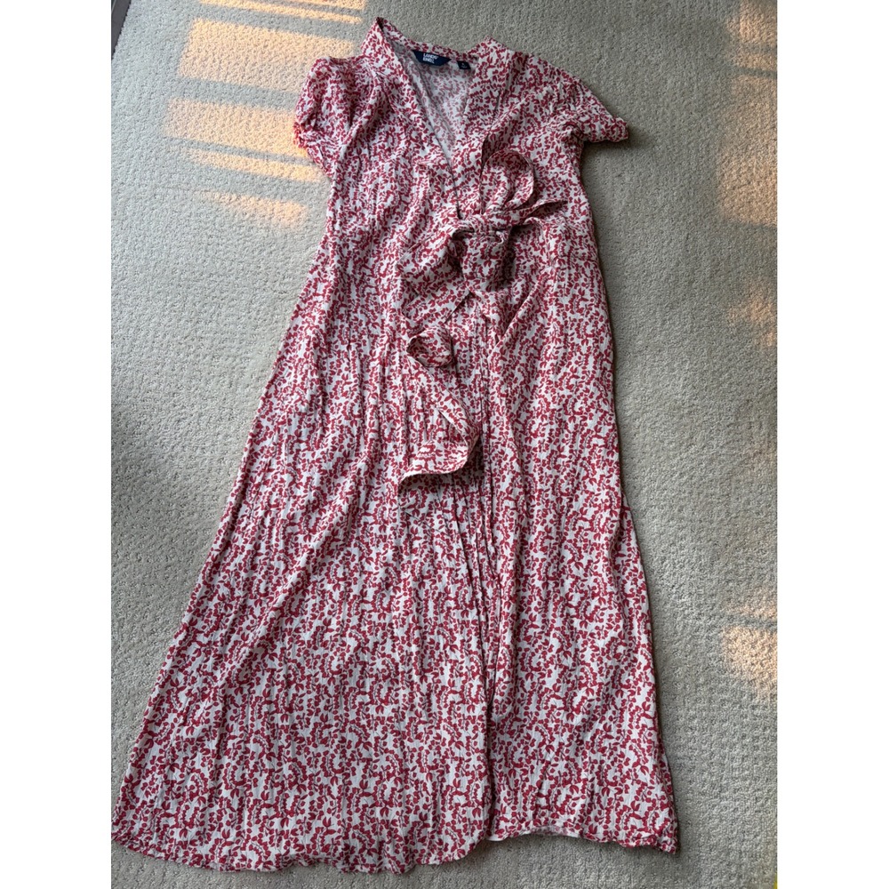 Lands End Womens Red White Floral Viscose Ruffle‎ Wrap Maxi Dress Small 6-8